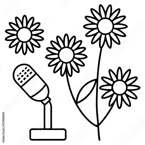 Minimilist illustration of a microphone with a stand next to a group of flowers with petals and circular centers vector