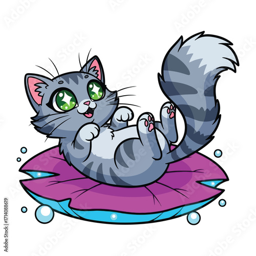 Playful Kitten: A cute cartoon cat with bright green eyes and a happy expression lounges on a soft pink cushion with waterdrops illustration.