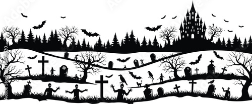Halloween landscape with castle trees and graveyard silhouette