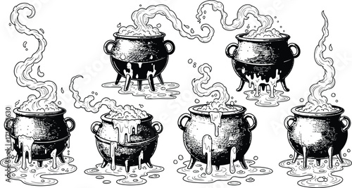 Illustration of seven cauldrons with bubbling liquid and steam