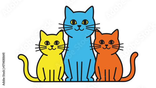 Colorful Cat Trio: Playful cartoon cats of various colors, blue, yellow, and orange, sit closely together, embodying joy, fun, and the beauty of variety.