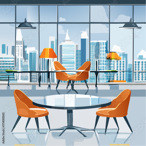 Modern City View Dining Room with Orange Chairs and Glass Table