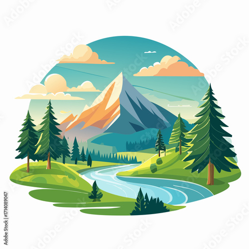 Serene Mountain River Landscape Illustration