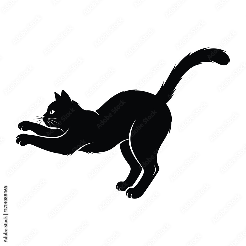Obraz premium Black Cat's graceful stretch: A sleek black cat performs a graceful stretch. Its silhouette against a neutral background is a testament to elegance. Capturing the agility and mystique of felines
