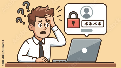 Man confused at computer with password and security lock