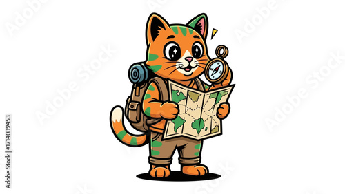 Adventure Cat Explorer: A charming cartoon cat embarks on an adventure, navigating a map with a compass and a backpack, symbolizing the thrill of exploration and the joy of discovery.