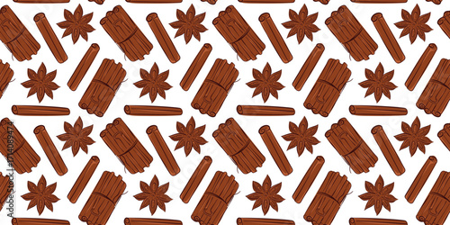 Seamless flat style pattern with cinnamon stick and star anise. Perfect for spice textile design, delivery packaging, background decor and seasonal kitchen or culinary theme.