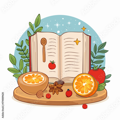 Open Cookbook with Citrus Fruits and Spices