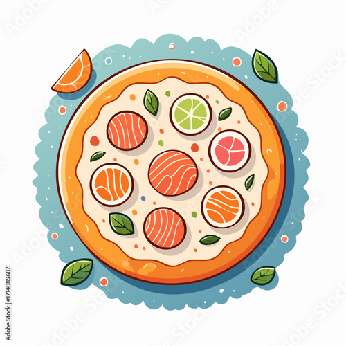 Salmon Pizza with Citrus and Herbs on Blue Background