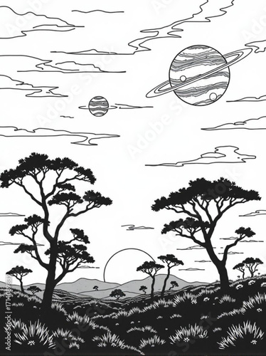 Minimilist a whimsical landscape with silhouetted trees and planets in a monochrome dreamlike illustration vector