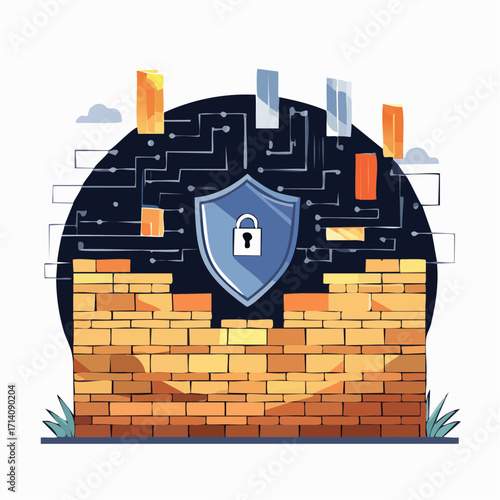 Cybersecurity Data Protection: Brick Wall with Shield and Lock Graphic