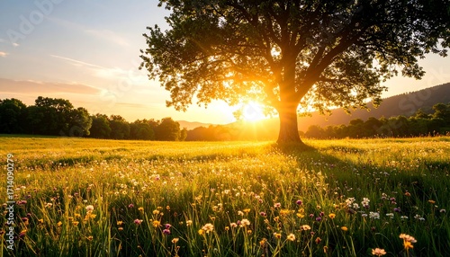 Fototapeta Naklejka Na Ścianę i Meble -  Sunset over a meadow with a tree