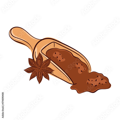 Illustration of cinnamon ground spice in a wooden scoop with star anise on a white background in flat style.