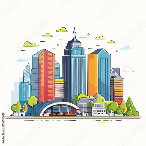 Vibrant Cityscape with Modern Architecture and Lush Green Spaces