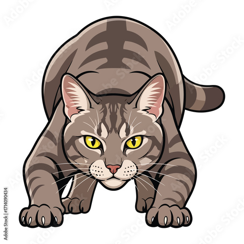 Focused Feline: A detailed illustration of a domestic cat in a poised, low-to-the-ground stance, its eyes fixed forward, hinting at intent and alertness. 