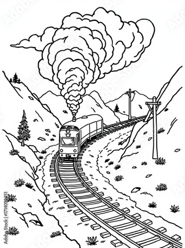 Minimilist a train travels through a mountainous landscape with smoke billowing into the sky above the train line vector