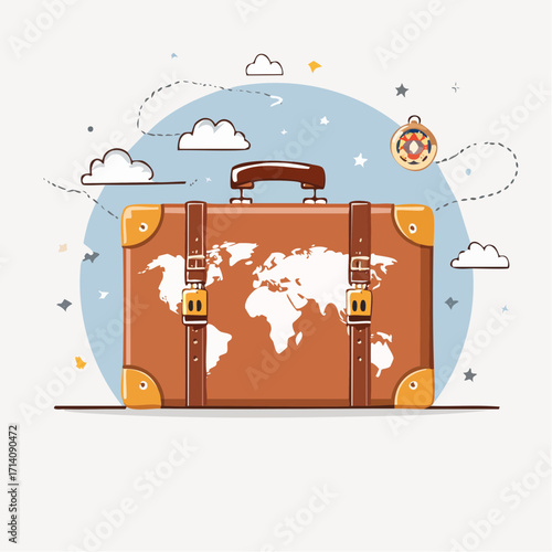Vintage Suitcase World Map Travel Illustration