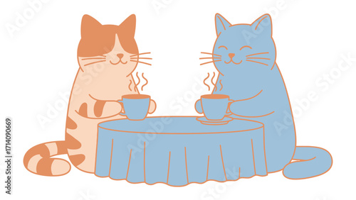 Cats' Tea Party Illustration: Two charming cartoon cats share a delightful moment over tea, seated at a quaint table, the image exuding warmth and a sense of friendship and connection.