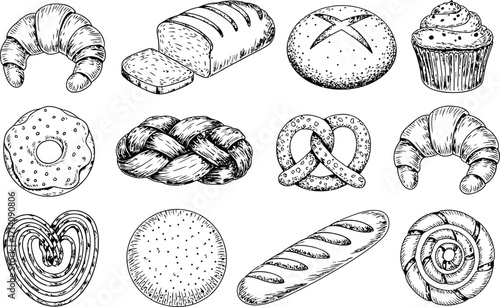 Assorted bakery items in black and white sketch drawing