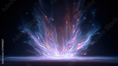 Radiant, ethereal energy bursts upward from a central point, a swirling vortex of light and color against a dark backdrop