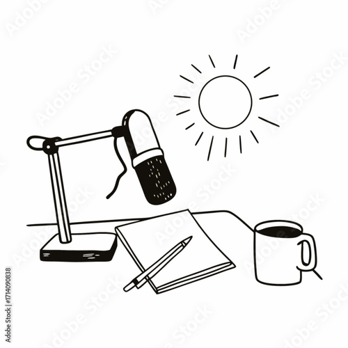 Minimilist a podcasting setup with microphone, notebook, pen, and coffee cup under a shining sun illustration vector
