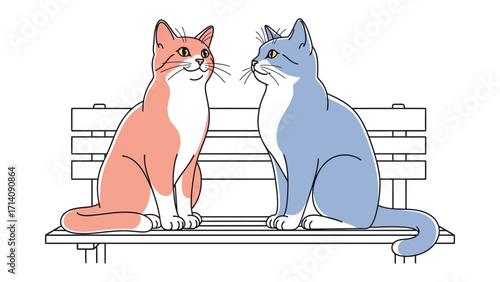 Cat Duo: Delightful illustration showcasing a pair of charming cats seated together on a bench. Captured with precision and grace, the cats appear relaxed and content.