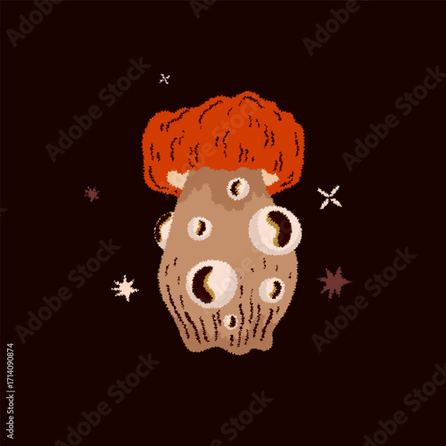 Magic mushroom with eyes. Psychedelic hallucinations. Mysterious autumn witchy forest. Vector illustration.