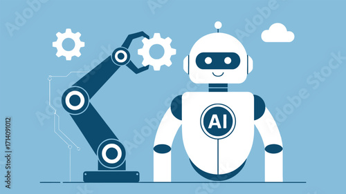 Robot arm assembling gear next to ai robot illustration