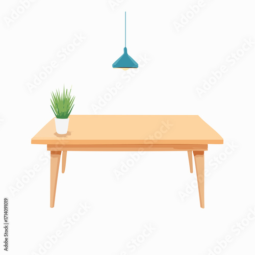 Light Wooden Table with Teal Lamp and Potted Plant