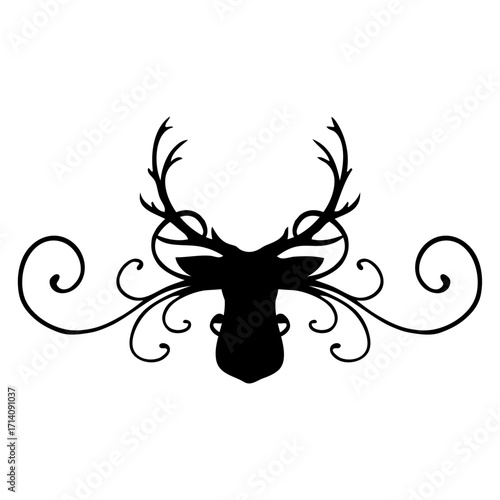 Logo con silueta de cabeza de ciervo o del reno Rudolph con filigrana caligráfica. Silueta con florituras para tarjetas y felicitaciones de Navidad 