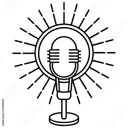 Minimilist a vintage microphone with radiating lines emanating outwards from a circular frame design isolated vector