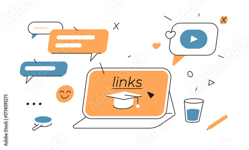 Vector illustration of a tablet with graduation cap icon, surrounded by learning symbols, video window, chat bubbles, pencil and icons. Concept of e-learning, online courses, study and training.