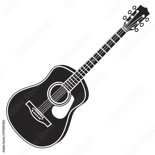 Black silhouette of an acoustic guitar with white pickguard and tuning pegs