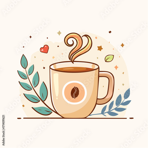 Warm Coffee Mug with Steam and Floral Decor