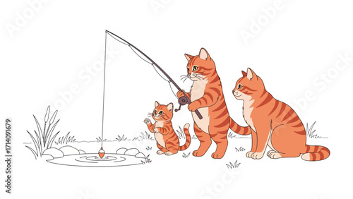 Cats Fishing Adventure: An endearing depiction of a family of cats enjoying a day of fishing, with a parent teaching their offspring the joys of the serene activity by the water.