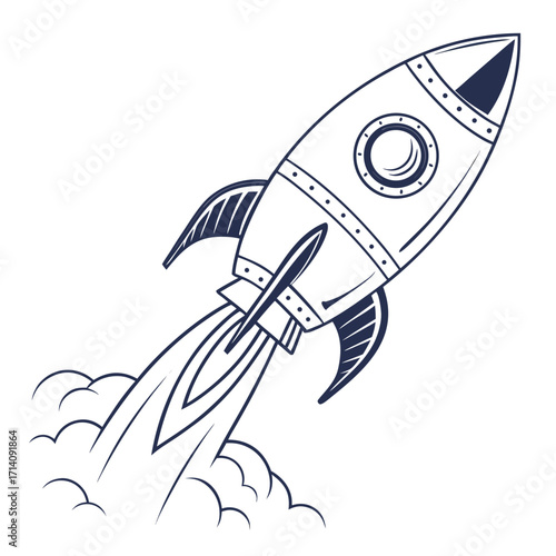Stylized rocket ship blasting off with smoke trails and clouds in a simple line art design