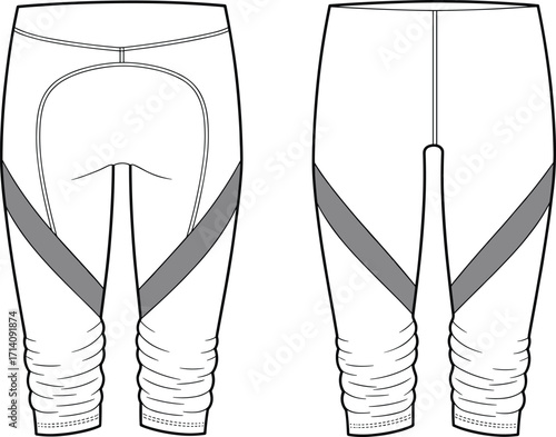 Technical flat sketch vector of cycling athletic pants with padded seat, diagonal thigh panels, ruched calves, front back views, apparel design