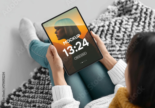 Woman using a tablet pc mockup