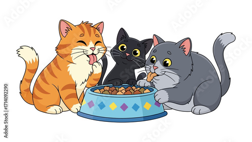 Three Playful Kittens at Mealtime: Three animated kittens, a vibrant orange tabby, a sleek black cat, and a charming gray one, gather around a colorful food bowl.