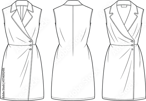 Technical fashion flat sketch vector of sleeveless wrap dress with notched lapel collar, double breasted closure, darts, front back side views