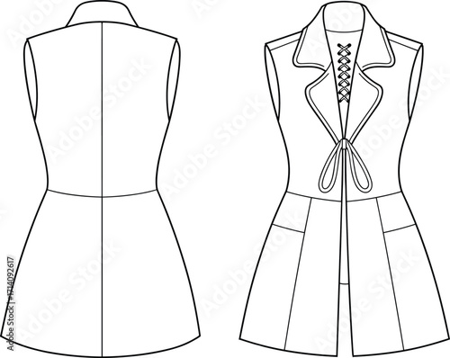 Technical fashion vector illustration of sleeveless dress with wide straps, gathered bodice, tiered flared skirt, lace up front, patch pockets
