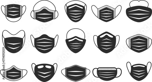Silhouette collection of fifteen face mask designs, vector illustration for health protection, medical safety, pandemic prevention, and educational projects