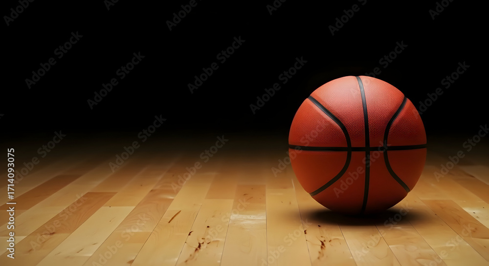 Obraz premium Orange Basketball on Parquet Floor in Dark Gym Setting
