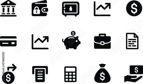 Silhouette collection of fifteen finance and banking icons, vector illustration for money management, investment, savings, business, economy, and educational projects