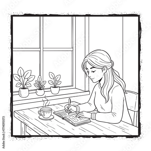 Woman Journaling with Coffee by the Window – Peaceful and Creative Moment Colouring Page