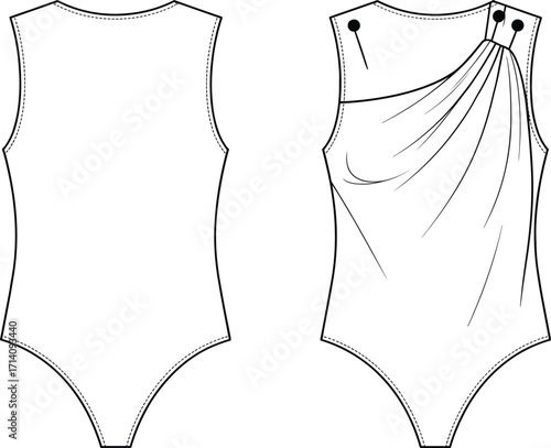Technical fashion vector illustration of sleeveless bodysuit with scoop neckline, draped shoulder detail, button fastening, fitted silhouette, front and back views