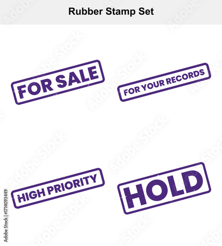 Distressed Purple Rubber Stamp Set with For Sale, High Priority and Hold on white background