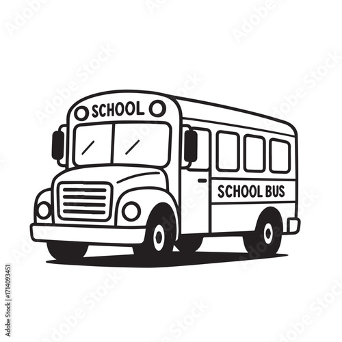Vector illustration of a cute school bus, rendered in black and white with thick black outlines, perfect for kid-friendly designs, posters, or educational graphics.