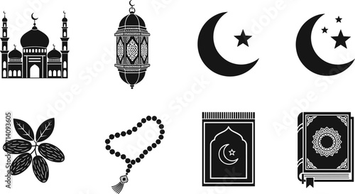 Islamic, religion, culture, mosque, lantern, crescent, star, dates, prayer beads, rug, Quran, vector, black, white, design, art, faith, spiritual, symbol, heritage
