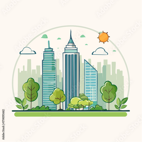 Modern City Skyline with Green Spaces and Sunny Day